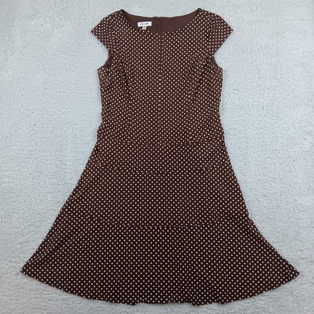 Jones Studio Dress Fit and Flare Women 12 Brown Polka Dot Cap Sleeve S6AME5A1339
